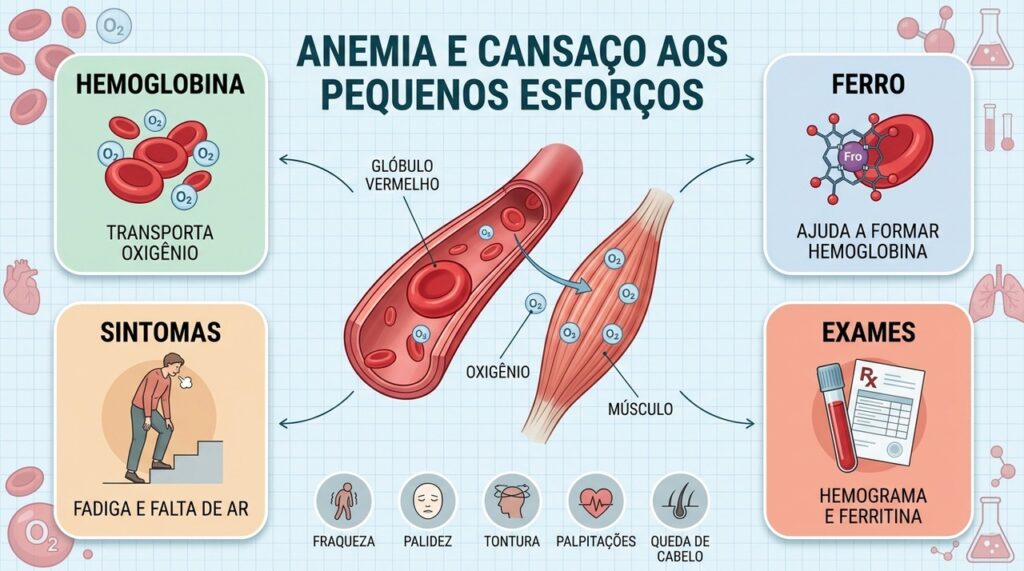 Hemoglobina, ferro, sintomas e exames ajudam a compreender a relação entre anemia e fadiga.