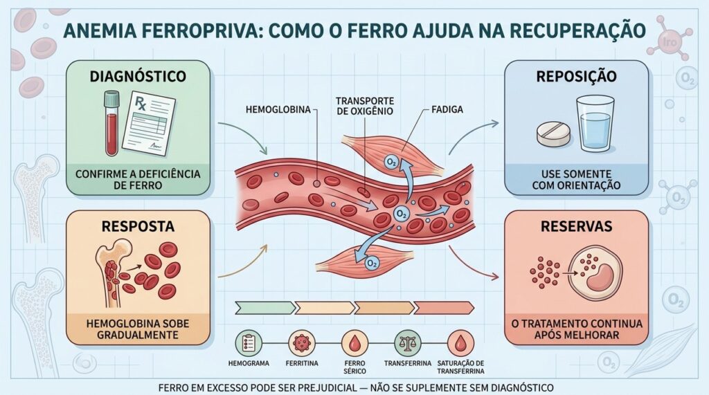 Diagnóstico, reposição, recuperação da hemoglobina e estoques explicam a melhora gradual da fadiga.