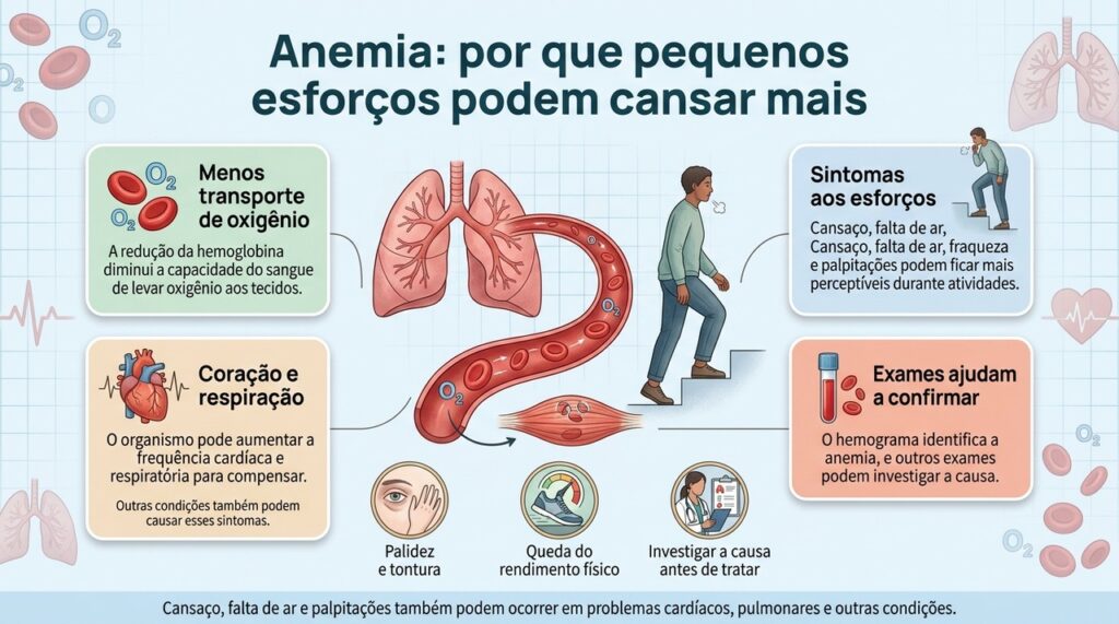 A anemia pode reduzir o transporte de oxigênio e provocar sintomas aos esforços, mas exames são necessários para confirmar a causa.
