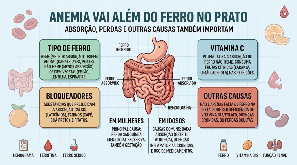 Tipo de ferro, vitamina C, bloqueadores e perdas influenciam o risco de anemia.