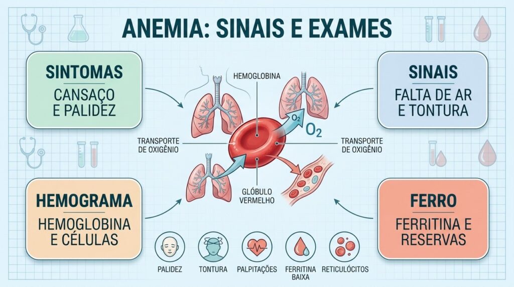 Sintomas orientam a investigação, enquanto hemograma e ferritina ajudam a confirmar anemia ferropriva.
