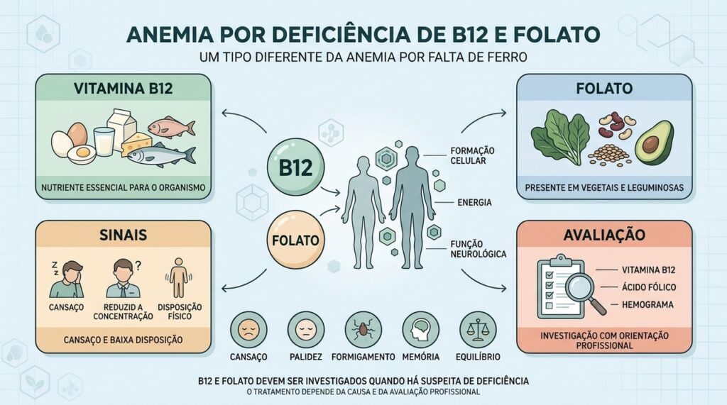 B12, folato, sinais e avaliação ajudam a diferenciar esse tipo de anemia.