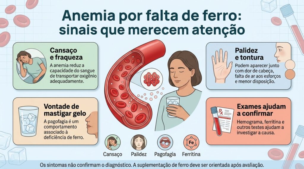 Cansaço, palidez e vontade persistente de mastigar gelo podem indicar falta de ferro, mas o diagnóstico depende de avaliação e exames.