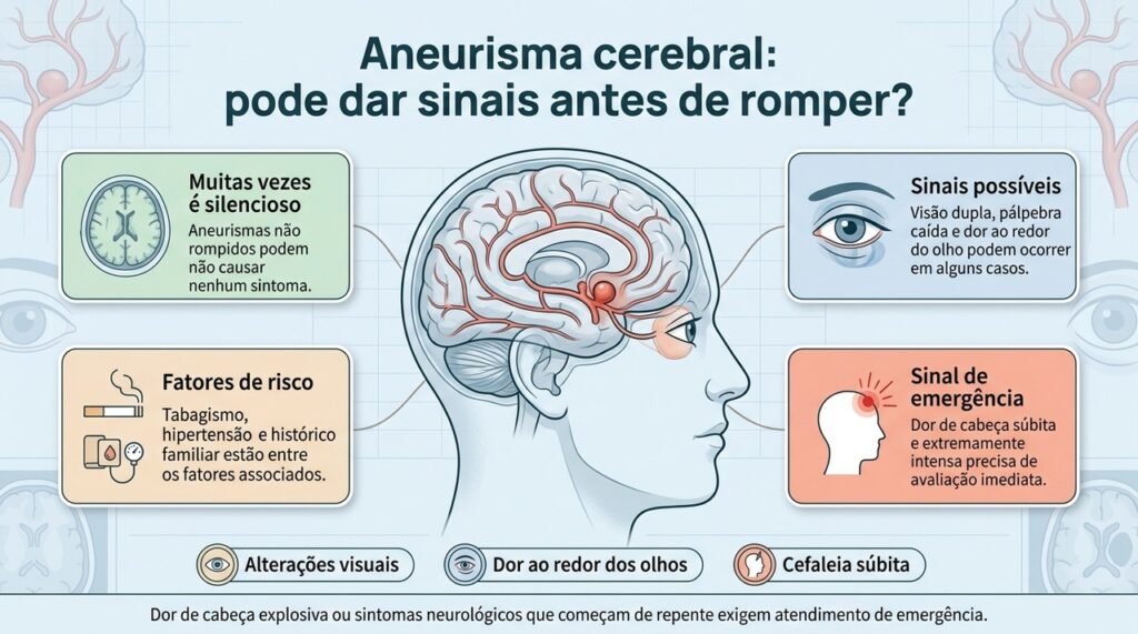 A maioria dos aneurismas não rompidos não causa sintomas, mas sinais neurológicos ou uma cefaleia súbita e muito intensa exigem atenção.