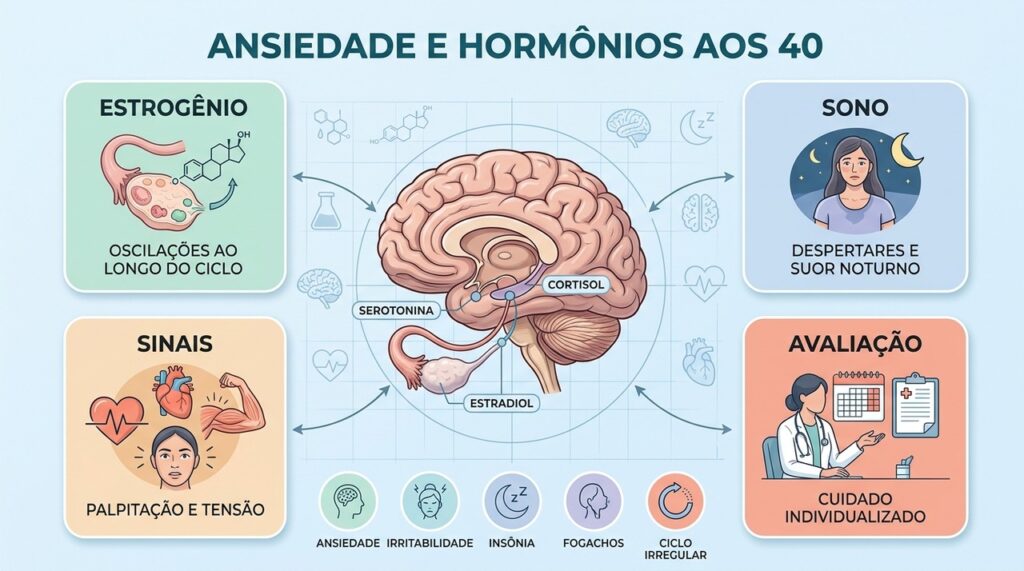 Quatro pilares ajudam a relacionar ansiedade, oscilações hormonais, sono e sinais da perimenopausa.