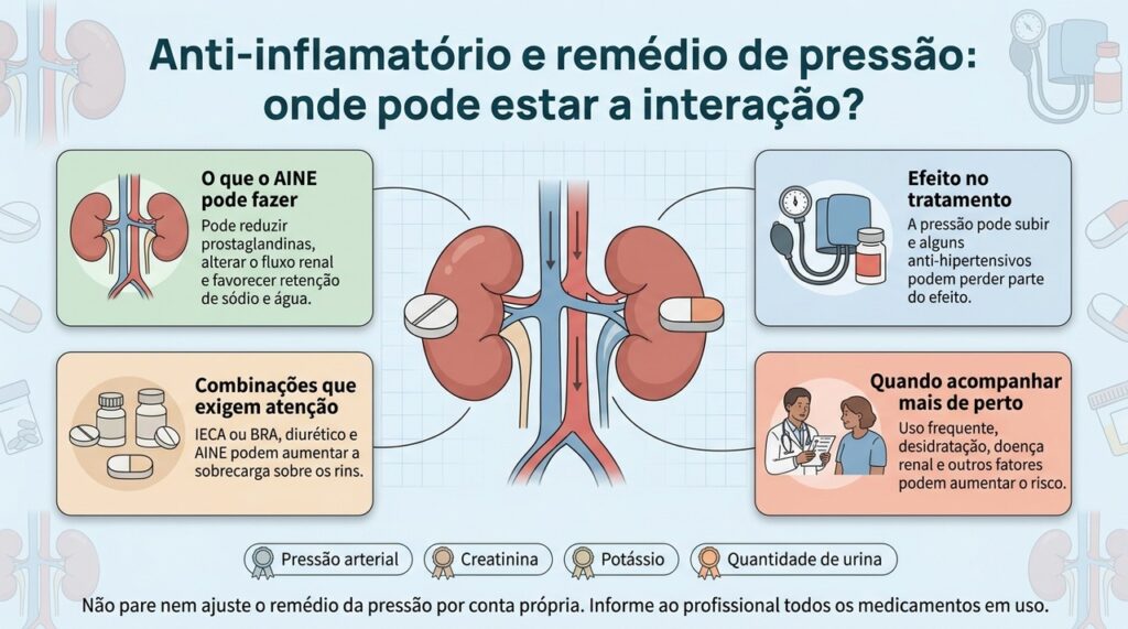 A interação pode envolver pressão arterial, retenção de líquidos e função renal, especialmente em algumas combinações de medicamentos.