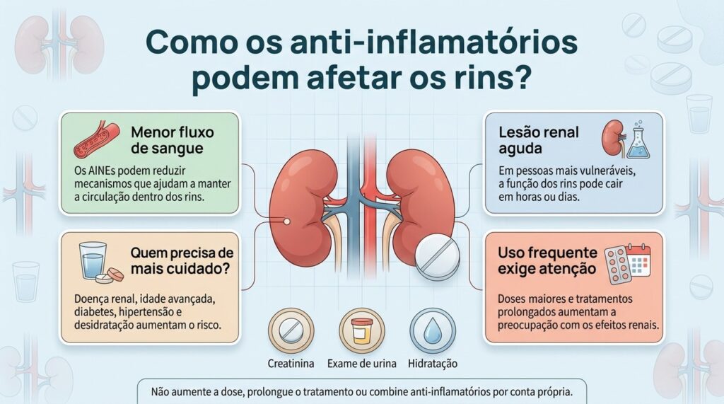Anti-inflamatórios podem comprometer a circulação renal, especialmente quando há desidratação, doença renal ou uso prolongado.