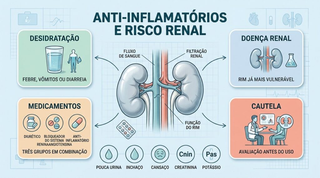 Doença renal, desidratação e combinações medicamentosas exigem cautela com anti-inflamatórios.