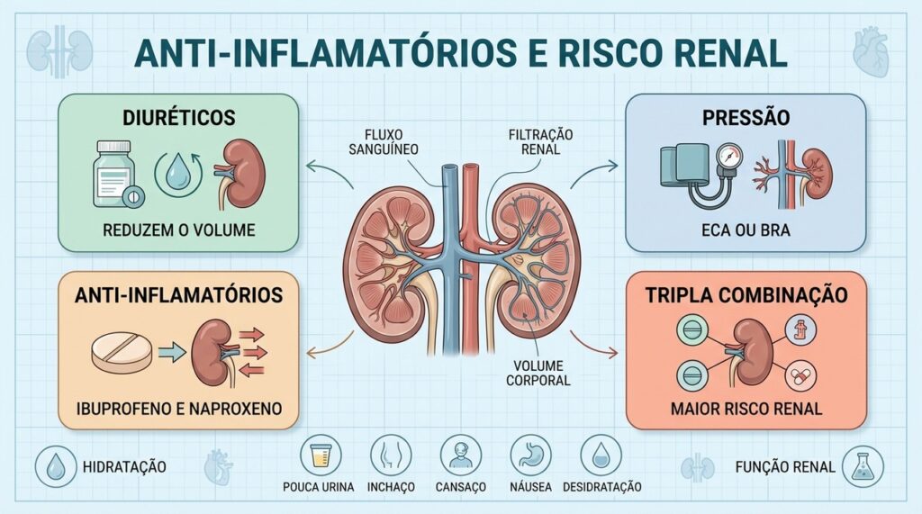Diuréticos, anti-inflamatórios e alguns remédios de pressão podem aumentar o risco renal.