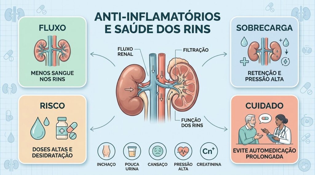 Fluxo renal, hidratação, dose e fatores de risco influenciam a segurança dos anti-inflamatórios.