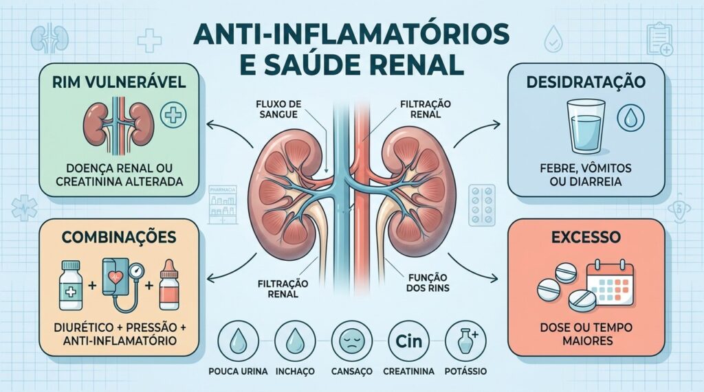 Doença renal, desidratação e combinações medicamentosas podem aumentar a sobrecarga renal.