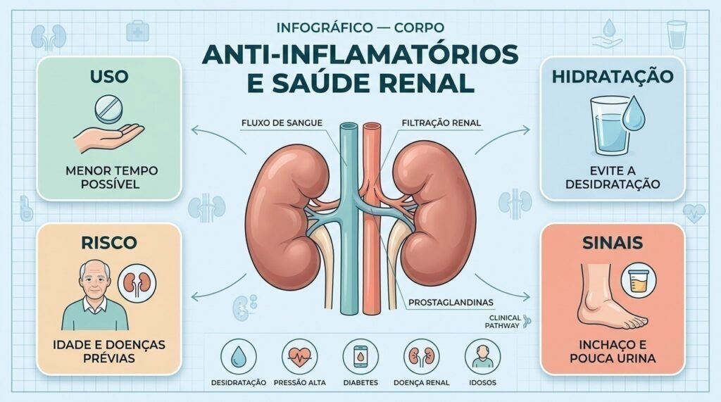 Infográfico: Hidratação, fatores de risco, sinais de alerta e uso consciente protegem a função renal.