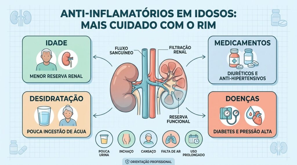 Idade, desidratação, doenças e medicamentos podem aumentar o risco renal com anti-inflamatórios.