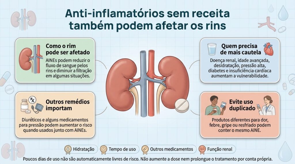 O risco para os rins depende de vários fatores e pode existir mesmo quando o anti-inflamatório é usado por poucos dias.