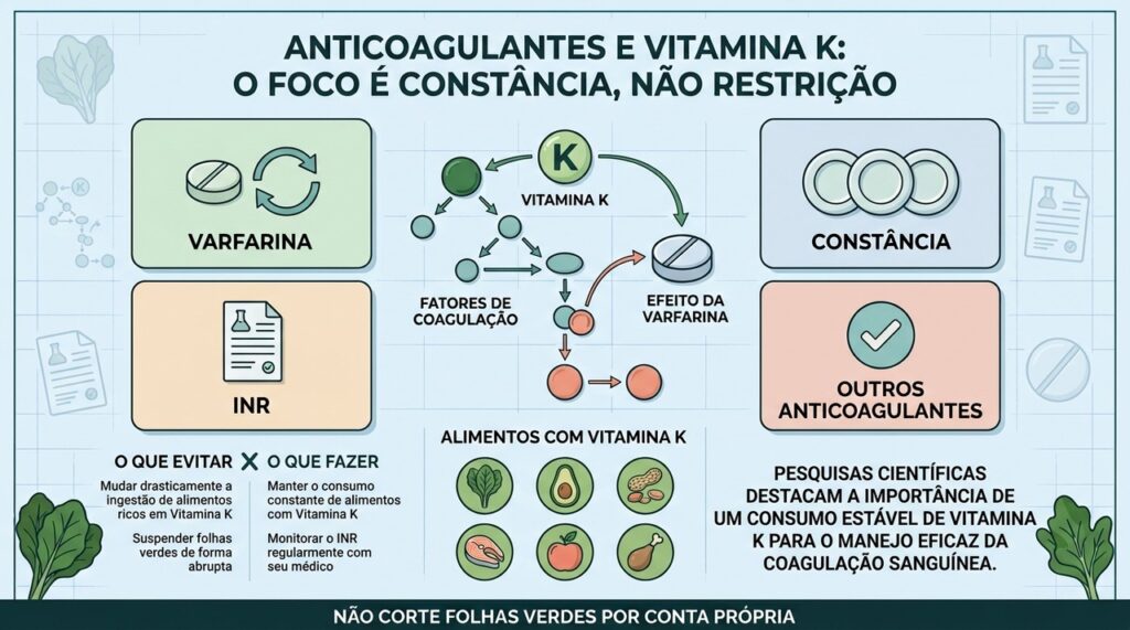 Varfarina, vitamina K, INR e constância alimentar resumem o cuidado seguro.