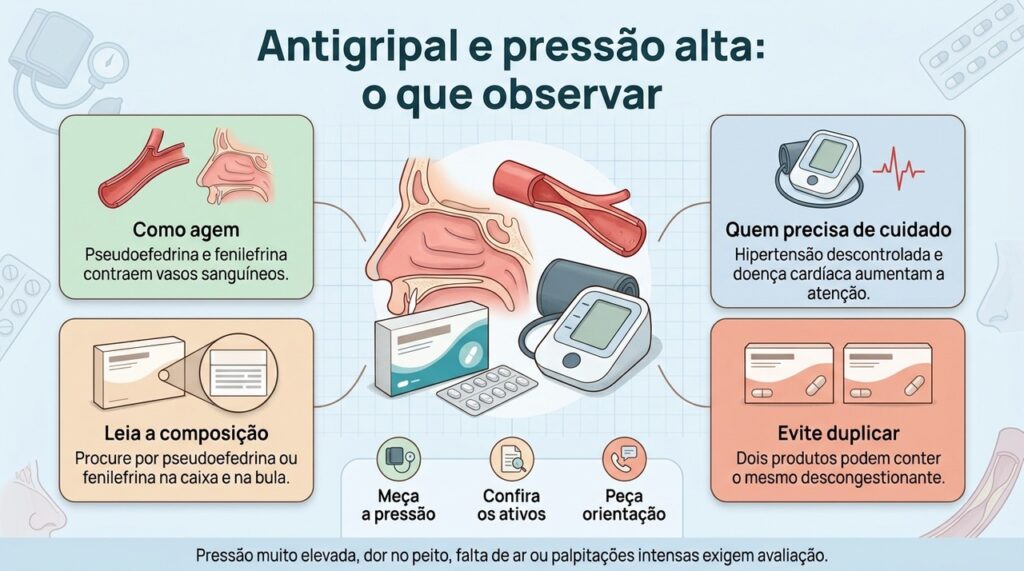 Antigripais combinados podem conter descongestionantes que exigem cuidado extra em pessoas com hipertensão ou doença cardiovascular.