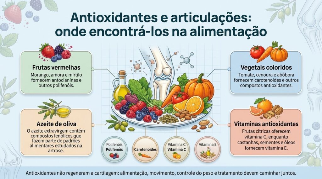 Uma alimentação variada e rica em vegetais fornece diferentes antioxidantes, mas não substitui os demais cuidados com a artrose.