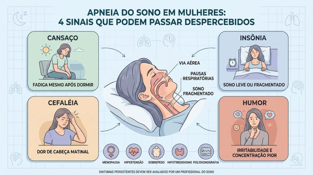 Fadiga, insônia, cefaleia e alterações de humor podem sinalizar apneia feminina.