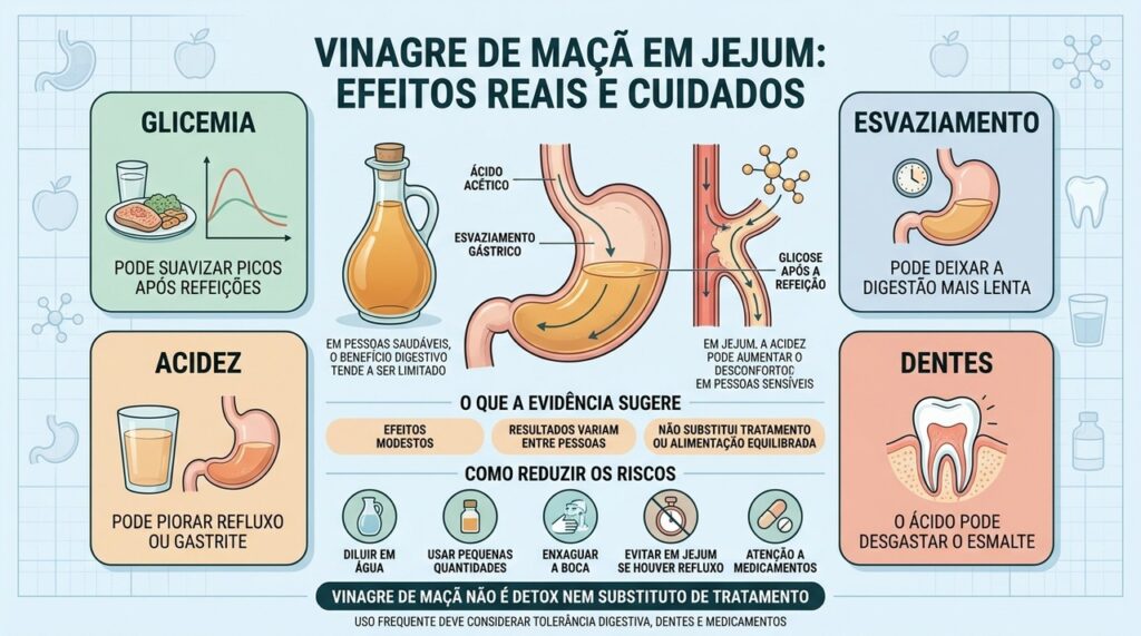 Glicemia, esvaziamento gástrico, acidez e esmalte resumem benefícios e riscos do vinagre.