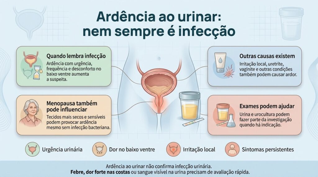 O conjunto dos sintomas e, quando necessário, exames de urina ajudam a diferenciar infecção de outras causas de ardência.
