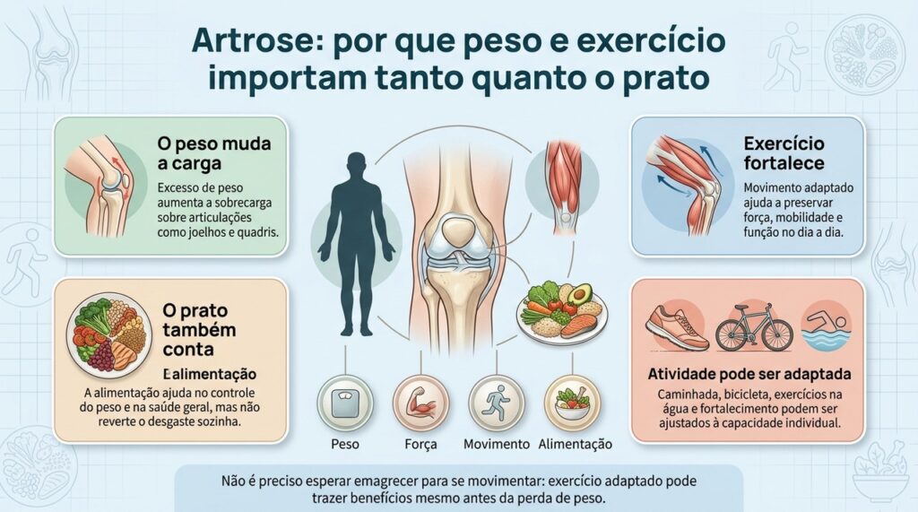 Controle do peso, atividade física e alimentação se complementam no cuidado da dor e da função em quem tem artrose.