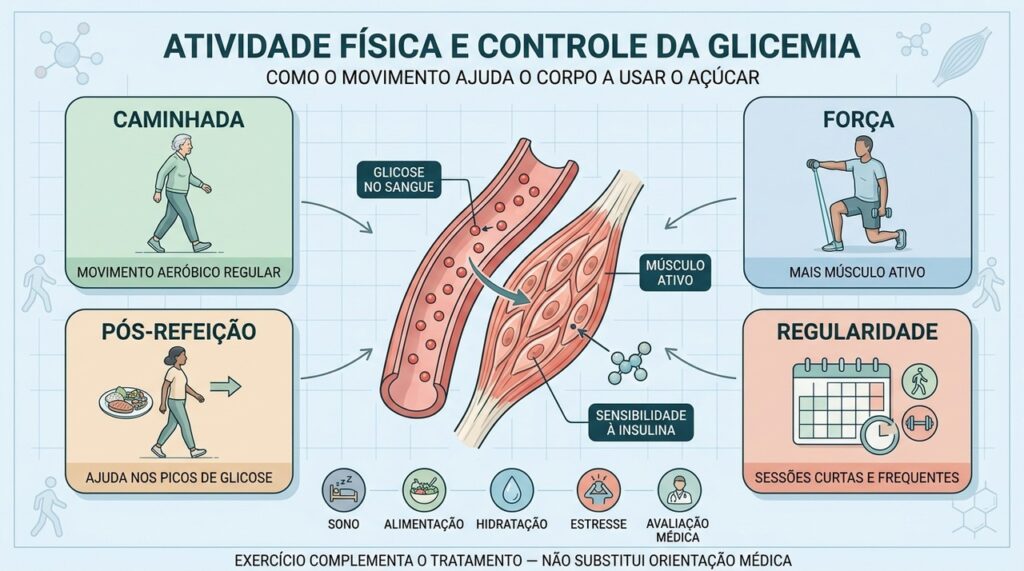 Caminhada, força e regularidade ajudam músculos a utilizar melhor a glicose.