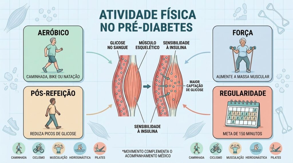 Aeróbico, força, caminhadas pós-refeição e regularidade favorecem melhor controle glicêmico.