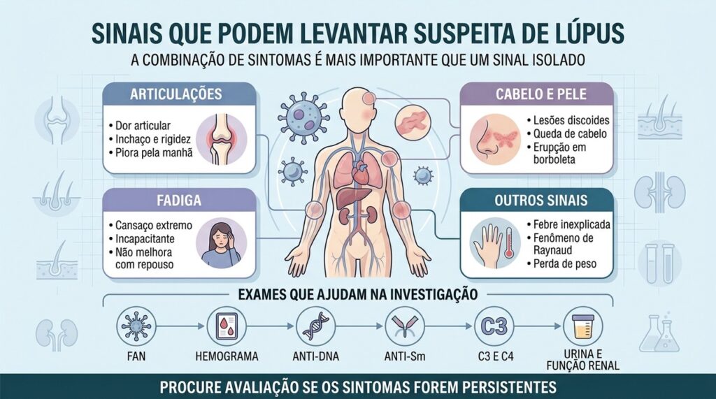 Articulações, fadiga, pele e exames ajudam a orientar a investigação do lúpus.