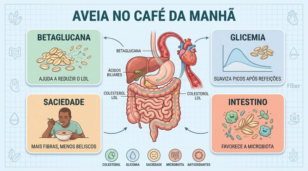 Betaglucana, glicemia, saciedade e microbiota explicam os principais efeitos da aveia no organismo.