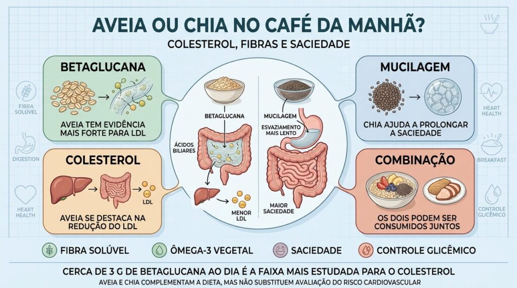 Betaglucana favorece o LDL; mucilagem, ômega-3 e hidratação ampliam benefícios da chia.