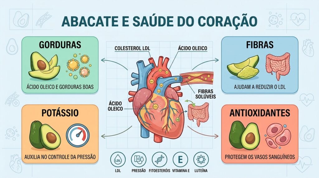 Gorduras monoinsaturadas, fibras, potássio e antioxidantes reforçam os benefícios cardiovasculares do abacate.