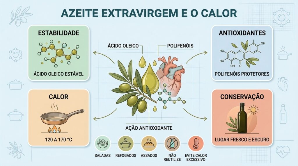 Temperatura moderada, armazenamento adequado e uso correto ajudam a preservar os compostos do azeite.