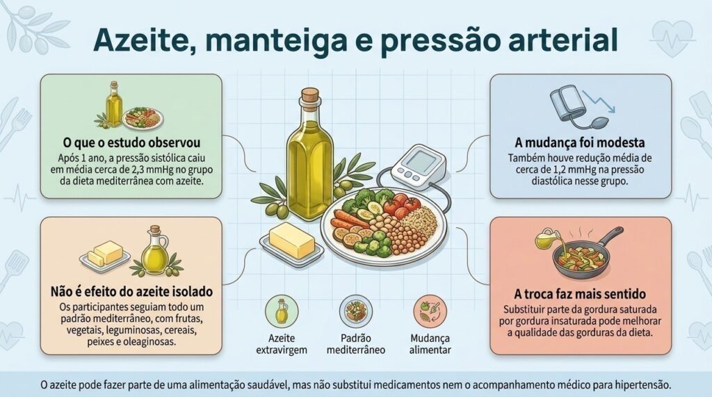 O possível benefício do azeite aparece principalmente quando ele substitui gorduras saturadas dentro de um padrão alimentar saudável.