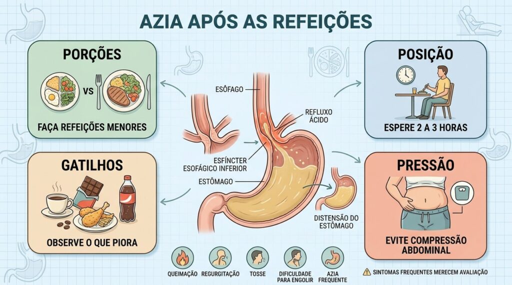 Refeições volumosas e deitar após comer podem facilitar episódios de refluxo ácido.