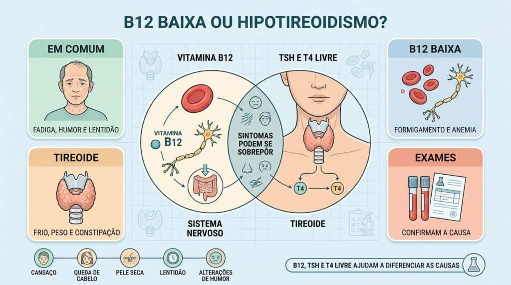 Sintomas se sobrepõem, mas exames de B12, TSH e T4 ajudam no diagnóstico.