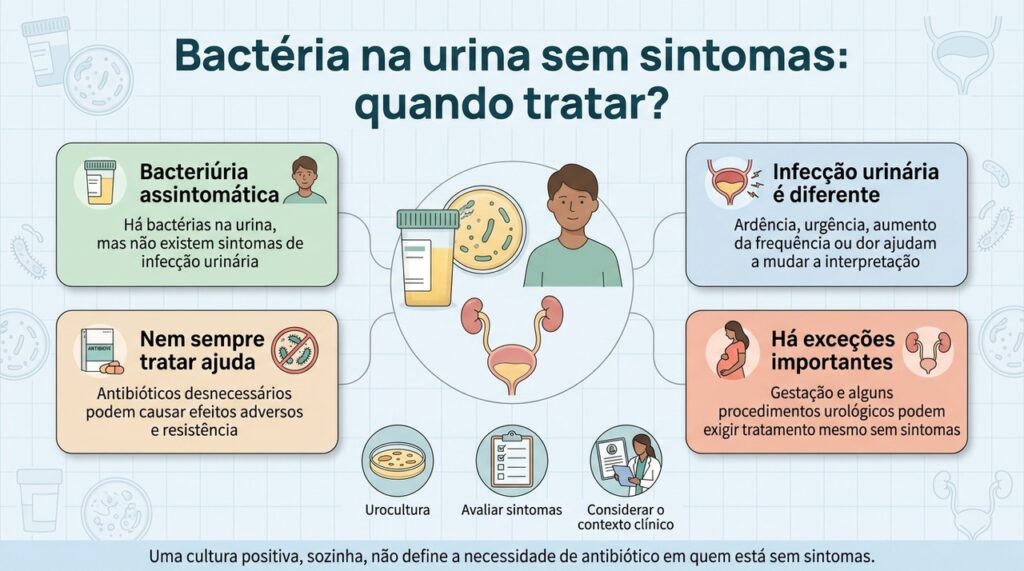 Na bacteriúria assintomática, a decisão de tratar depende do contexto clínico e não apenas da presença de bactérias no exame.