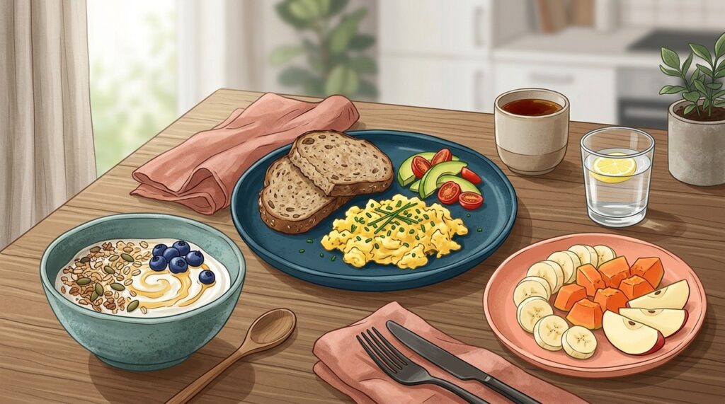 A primeira refeição pode ser montada com alimentos simples, de acordo com o apetite e a rotina de cada pessoa.