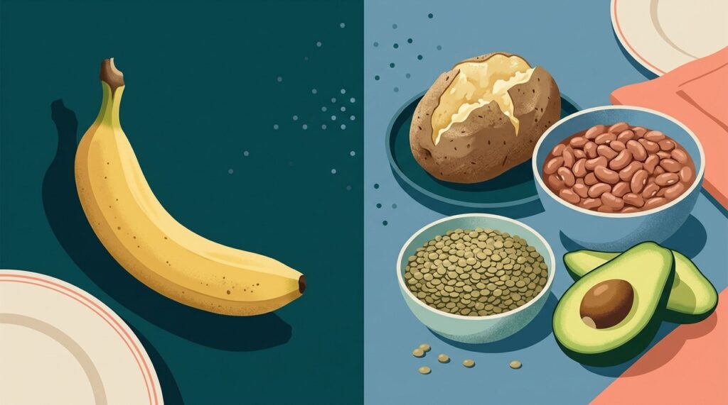 O potássio pode vir de várias refeições ao longo do dia, e não apenas de uma fruta específica.