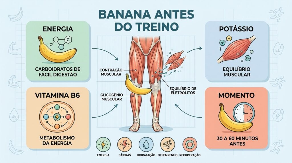 Carboidratos, potássio, vitamina B6 e timing tornam a banana uma opção pré-treino prática.