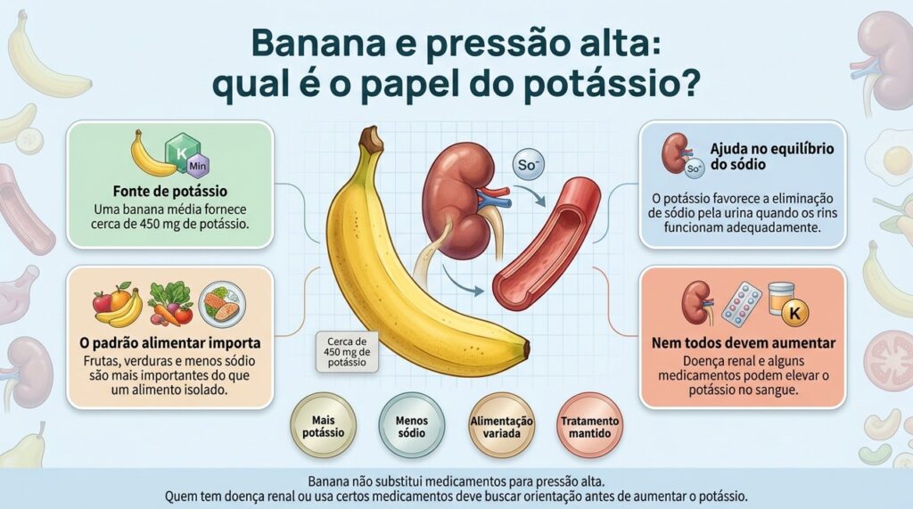 O potássio da banana pode ajudar no controle da pressão, mas o benefício depende da alimentação, da função dos rins e do tratamento como um todo.