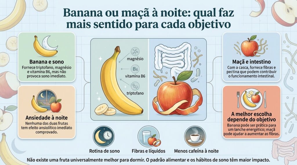 Para fibras, a maçã com casca pode ter vantagem prática; para triptofano, magnésio e vitamina B6, a banana reúne esses nutrientes.