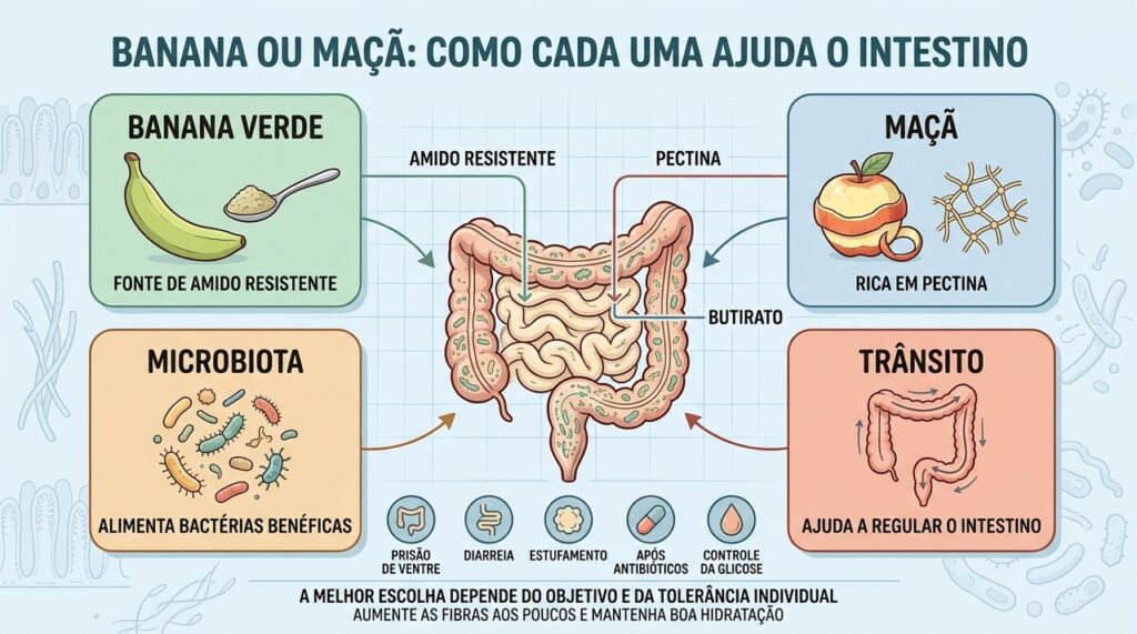 Banana verde, maçã, microbiota e trânsito intestinal funcionam melhor de forma complementar.
