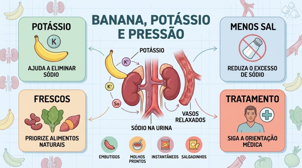 Potássio, menos sódio e tratamento adequado formam o conjunto para cuidar da pressão.