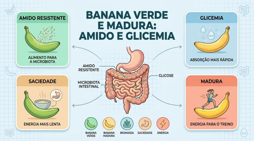 Amido resistente e açúcares explicam diferenças intestinais e glicêmicas entre as bananas.