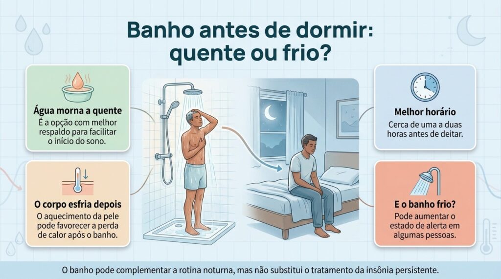 O horário, a temperatura confortável e a rotina de sono influenciam mais do que simplesmente escolher entre água quente ou fria.