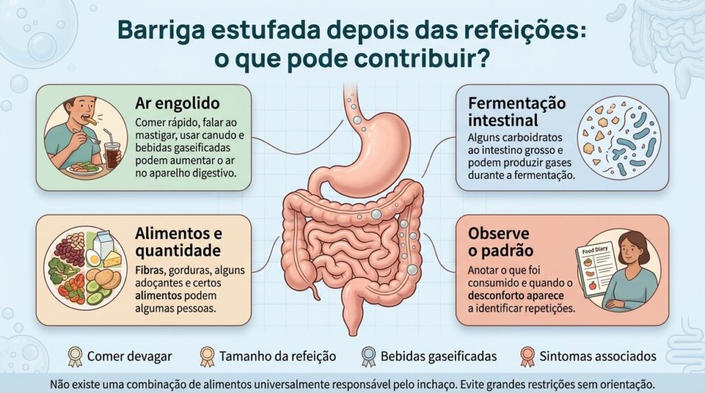Infográfico mostra aparelho digestivo e fatores relacionados ao estufamento após comer, como ar engolido, fermentação, alimentos e hábitos.