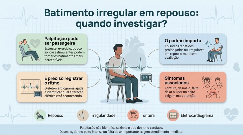Palpitações irregulares em repouso podem precisar de eletrocardiograma ou monitorização para esclarecer a causa.