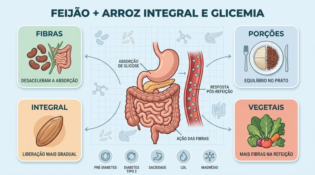 Fibras, porções equilibradas e vegetais ajudam a reduzir oscilações glicêmicas após as refeições.