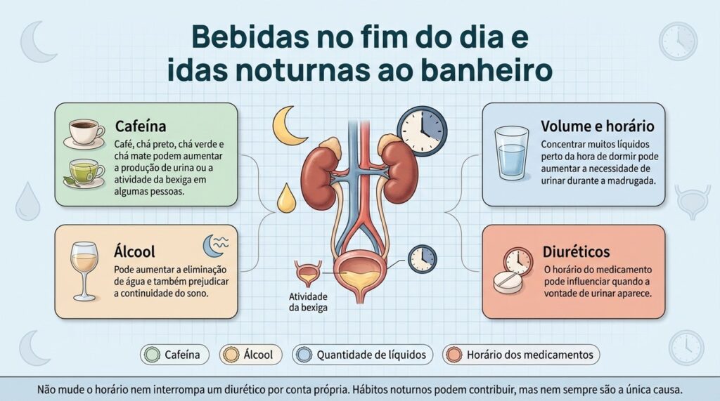 Observar o tipo, a quantidade e o horário das bebidas pode ajudar a entender despertares noturnos para urinar.