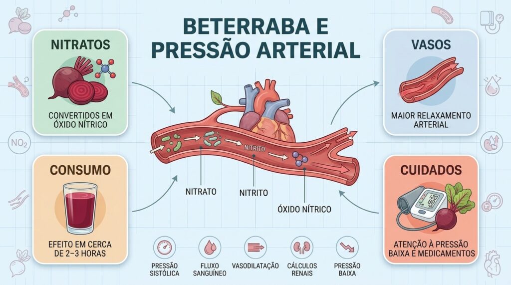 Nitratos viram óxido nítrico, favorecendo vasodilatação e redução da pressão sistólica.
